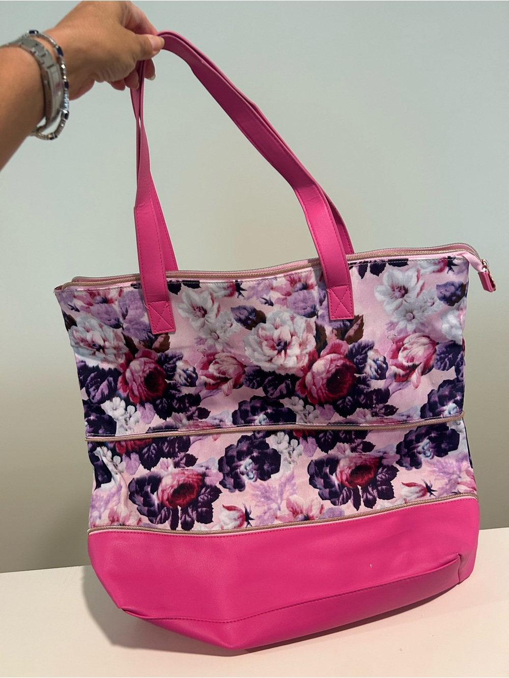 Ipsy Pink Floral Tote Bag with Zip Top